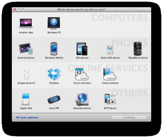SyncMate 4 ofrece soporte para icloud, BlackBerry, Google Drive, OS X 10.8